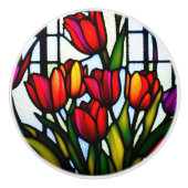 Glas in lood Blooms: Leadlight Tulpen in kleur Keramische Knop (Voorkant)