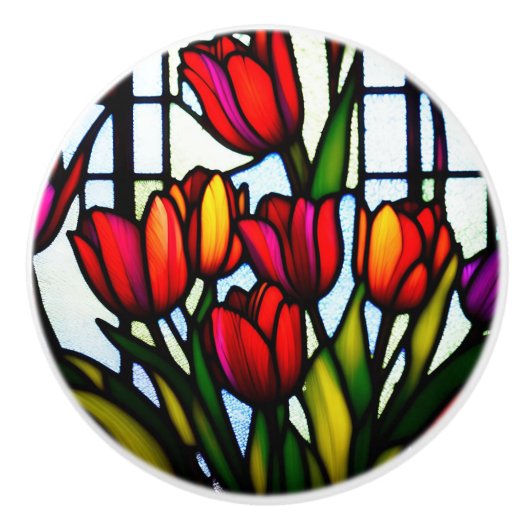 Glas in lood Blooms: Leadlight Tulpen in kleur Keramische Knop (Voorkant)