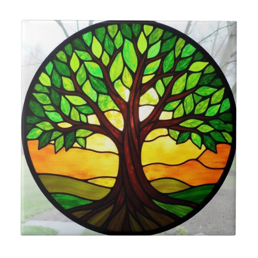 Glas in lood Boom van het Leven Tegeltje (Voorkant)