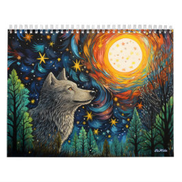 glas-in-lood boswolf met maan kalender 2026