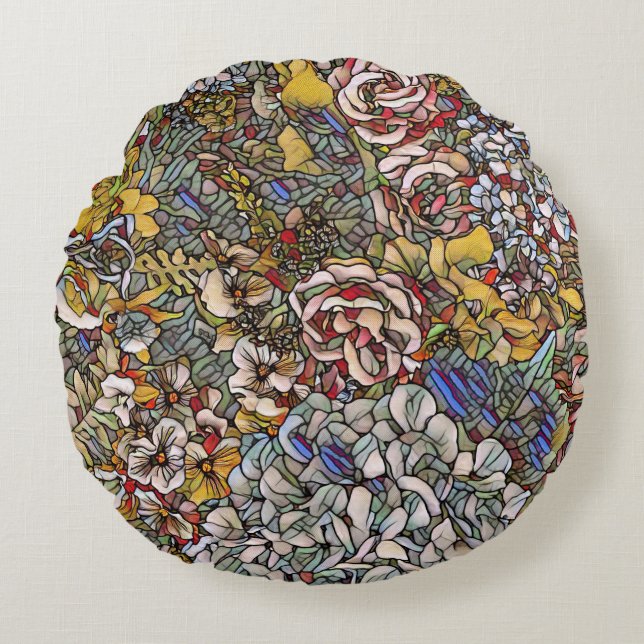 Glas in lood Botanische Bloemen Rond Kussen (Voorkant)