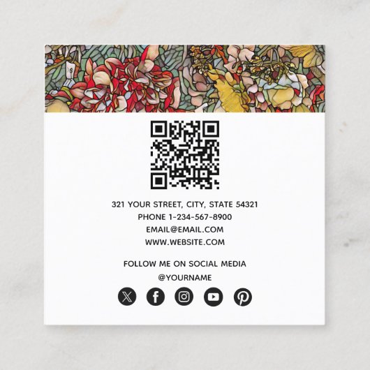 Glas in lood Botanische Bloemen Vierkante Visitekaartje (Achterkant)