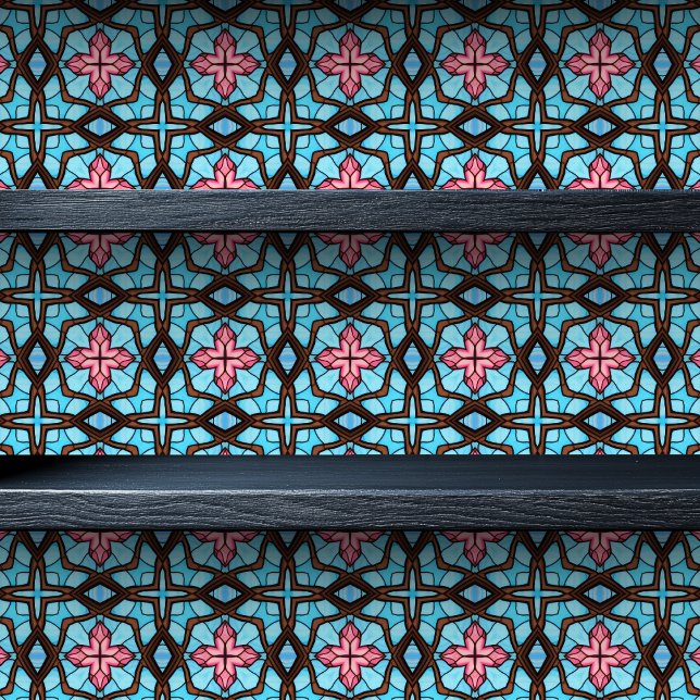 Glas in lood Bruin en Roze Kruis Kleine Print Behang (Stained Glass Brown and Pink Cross Small Print Wallpaper on a shelf)