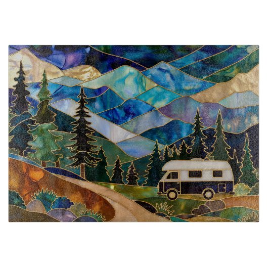 Glas-in-lood-Camper-Berglandschap Snijplank (Voorkant)