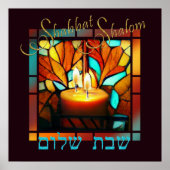 Glas in lood Candle Shabbat Shalom Hebrew Poster (Voorkant)