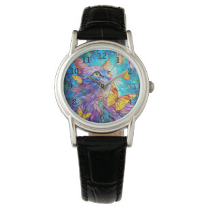 Glas in lood Cat 730 blauwgele vlinders Horloge