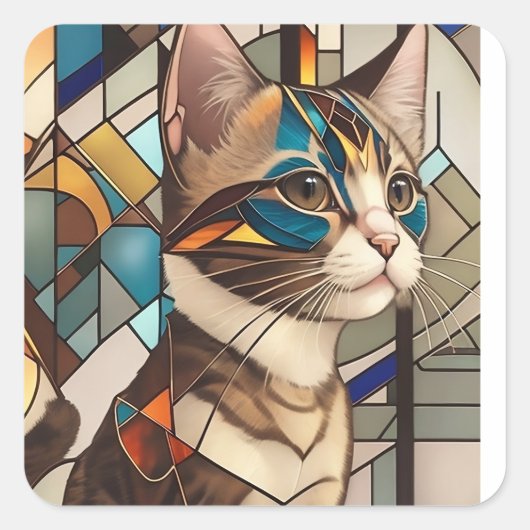 Glas in lood Cat Illustratie Vierkante Sticker (Voorkant)