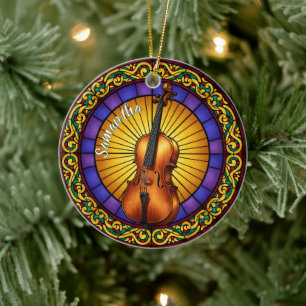 Glas in lood Cello Aangepaste Naam Kerst Keramisch Ornament