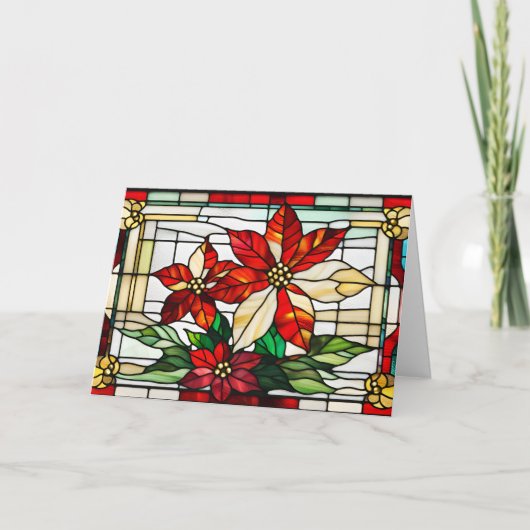 Glas in lood Christmas Poinsettia Flowers Feestdagen Kaart (Voorkant)