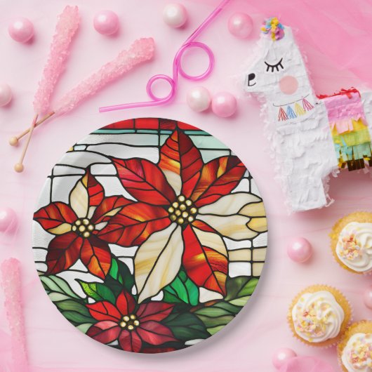 Glas in lood Christmas Poinsettia Flowers Papieren Bordje (Feest)