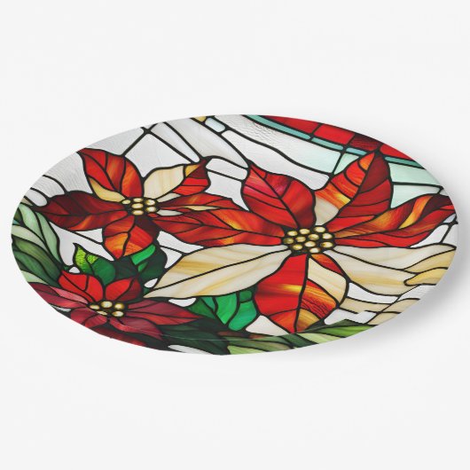 Glas in lood Christmas Poinsettia Flowers Papieren Bordje (Gekanteld)