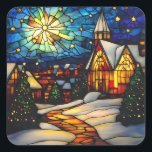 Glas in lood Christmas Village Vierkante Sticker<br><div class="desc">Glas in lood Christmas Village</div>