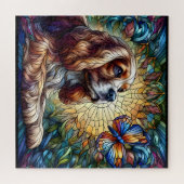 Glas in lood Cocker spaniel levendig geel blauw Legpuzzel (Horizontaal)