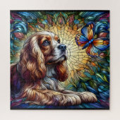 Glas in lood Cocker spaniel levendig geel blauw Legpuzzel (Verticaal)