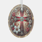 Glas in lood Cross en Poinsettias Glas Ornament (Voorkant Rechts)