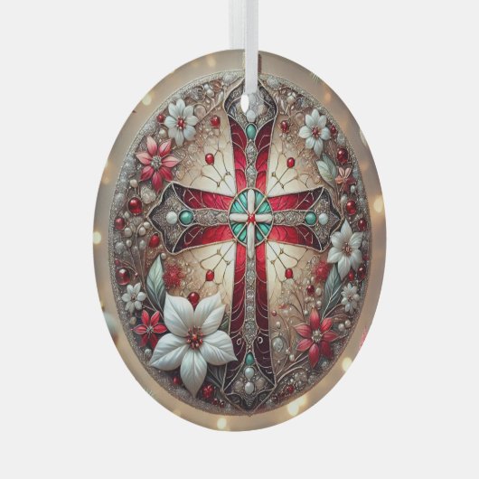 Glas in lood Cross en Poinsettias Glas Ornament (Voorkant Rechts)