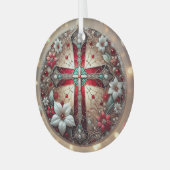 Glas in lood Cross en Poinsettias Glas Ornament (Voorkant links)