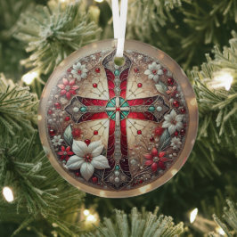 Glas in lood Cross en Poinsettias Ornament