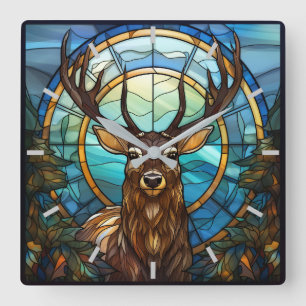 Glas in lood Deer Wall Clock Vierkante Klok