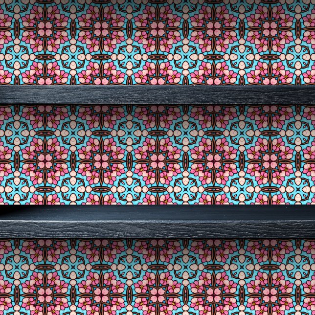 Glas in lood delicate geometrische kleine lettertj behang (Stained Glass Delicate Geometric Small Print Wallpaper on a shelf.)