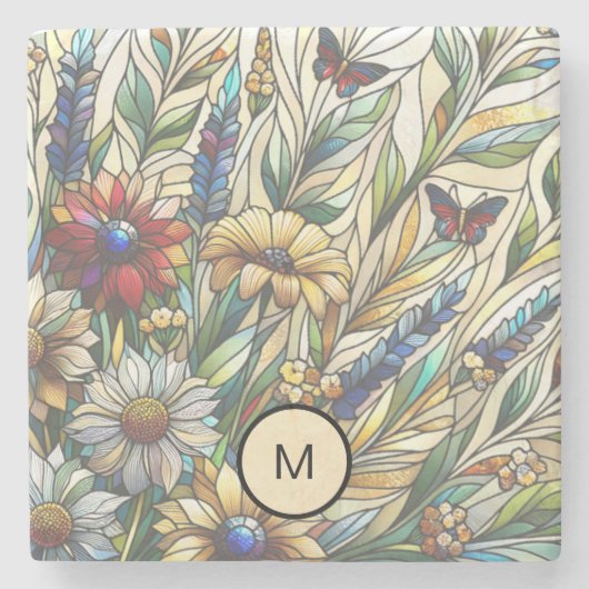 Glas in lood Design Wildflowers Veldmonogram Stenen Onderzetter (Voorkant)
