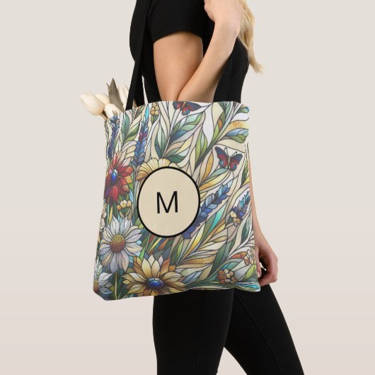 Glas in lood Design Wildflowers Veldmonogram Tote Bag (Dichtbij)