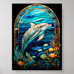 Glas-in-lood-dolfijn zwemt in koraalrif-oceaan poster
