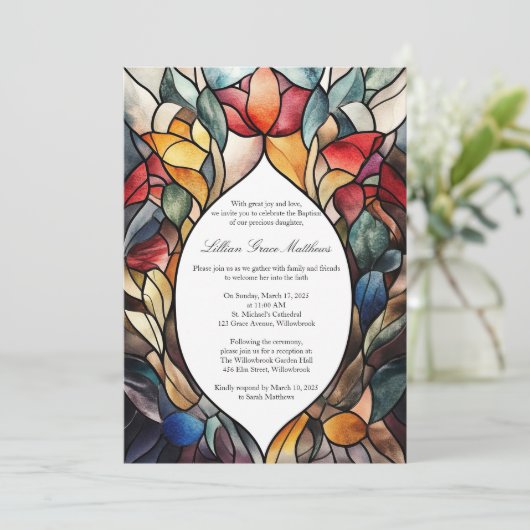 Glas in lood Doop Uitnodiging Elegante Bloemen (Staand voorkant)