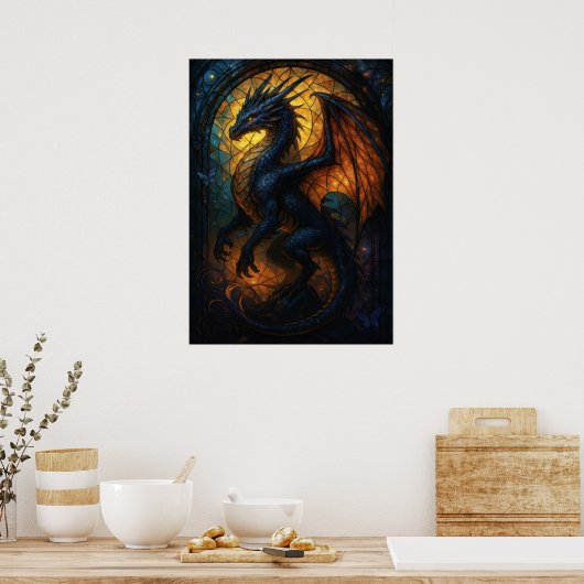 Glas in lood Dragon Fantasy Artwork Poster (Keuken)