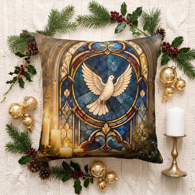 Glas-in-lood Duif Kerstmisraam Kussen (Stained Glass Dove Christmas Window Throw Pillow)