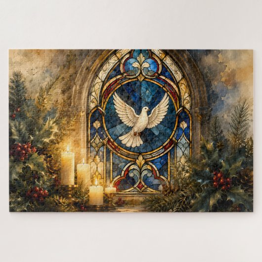 Glas-in-lood Duif Kerstmisraam Legpuzzel (Horizontaal)