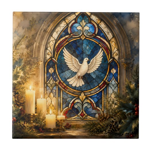 Glas-in-lood Duif Kerstmisraam Tegeltje (Voorkant)