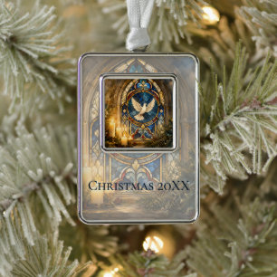 Glas-in-lood Duif Kerstmisraam Verzilverd Omlijst Ornament