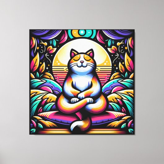 Glas in lood Effect Kleurrijke Kat in Meditatie Canvas Afdruk (Voorkant)