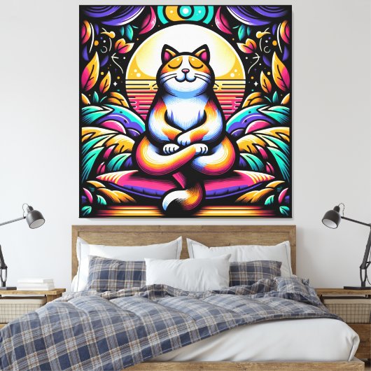 Glas in lood Effect Kleurrijke Kat in Meditatie Canvas Afdruk (Insitu (Slaapkamer))