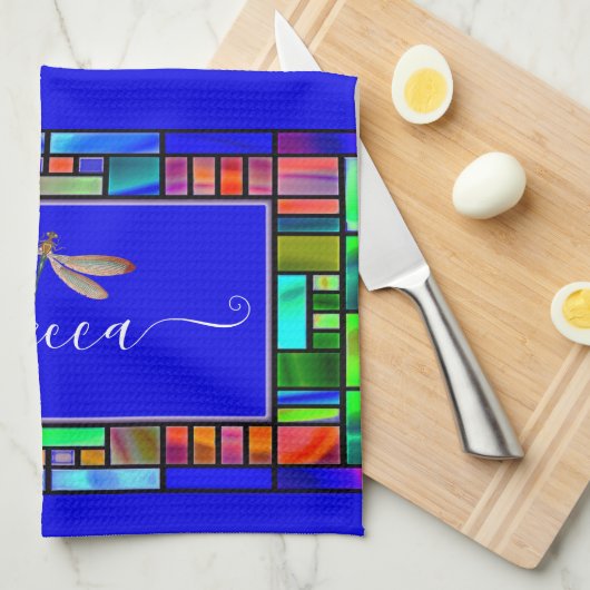 Glas in lood en libellen op maat theedoek (Quarter Fold)