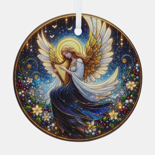 Glas in lood engel met harp glas ornament (Achterkant)