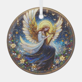 Glas in lood engel met harp ornament