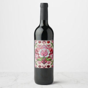 Glas in lood floral Valentijnsdag Wijn Etiket
