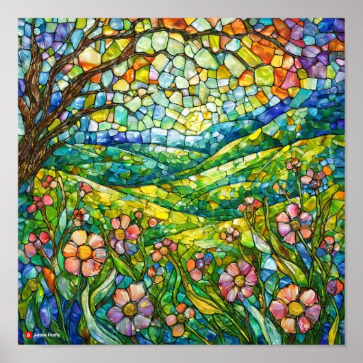 Glas in lood florale natuur ongeframed poster (Voorkant)