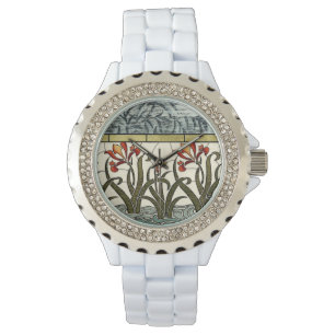 Glas in lood Flowers met Tan Border Horloge
