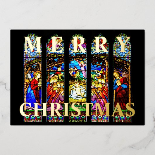 Glas in lood Geboorte Scène Vrolijk Kerstfeest Folie Feestdagenkaart (Voorkant)