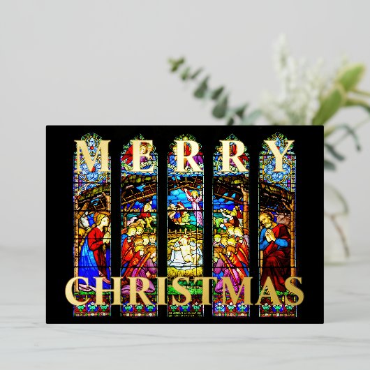 Glas in lood Geboorte Scène Vrolijk Kerstfeest Folie Feestdagenkaart (Staand Voorkant)