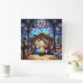 Glas-in-lood geboortescène 2 vierkante klok (Huis)