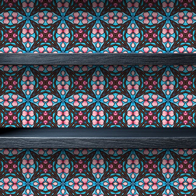 Glas in lood geometrische bloemenprint behang (Stained Glass Geometric Floral Small Print Wallpaper on a shelf)