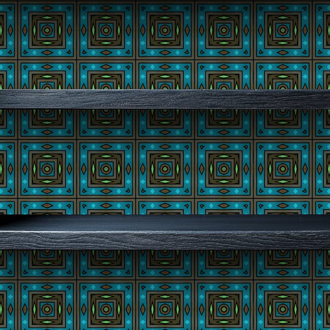 Glas in lood geometrische donkerturquoise kleine l behang (Stained Glass Geometric Dark Turquoise Small Print Wallpaper on a shelf)