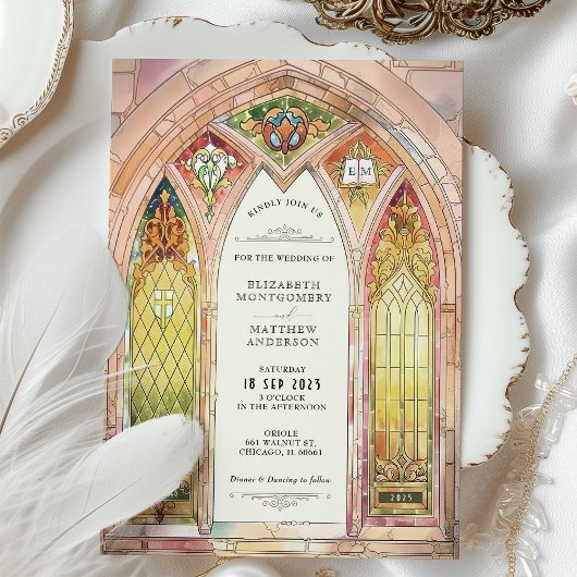 Glas in lood Gotische Kathedraal Huwelijksuitnodig Kaart