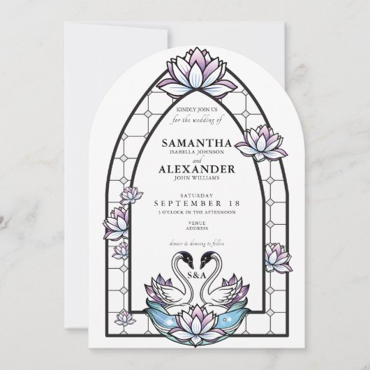Glas in lood grillige zwanen water lelies bruiloft kaart (Voorkant)