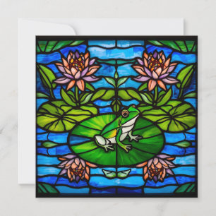 Glas-in-lood groene kikker en waterlelie bloemen kaart