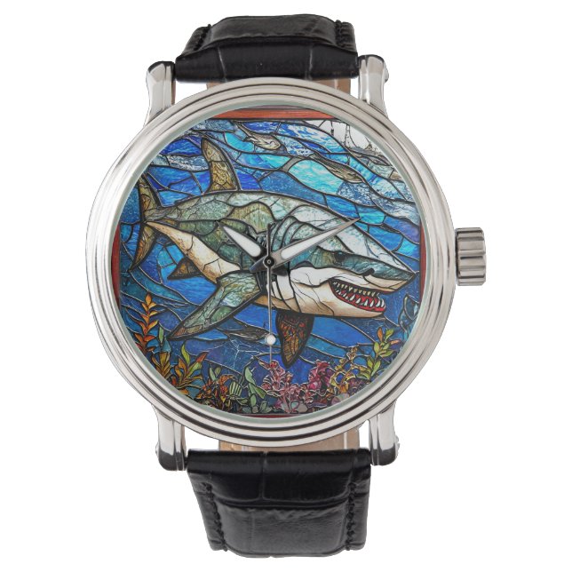 Glas in lood haai horloge (Voorkant)